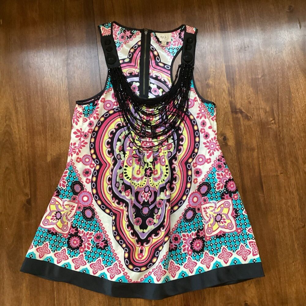 ECI New York Silky Bohemian Beaded Low Cut Sleeveless Top Boho Blouse Size 8